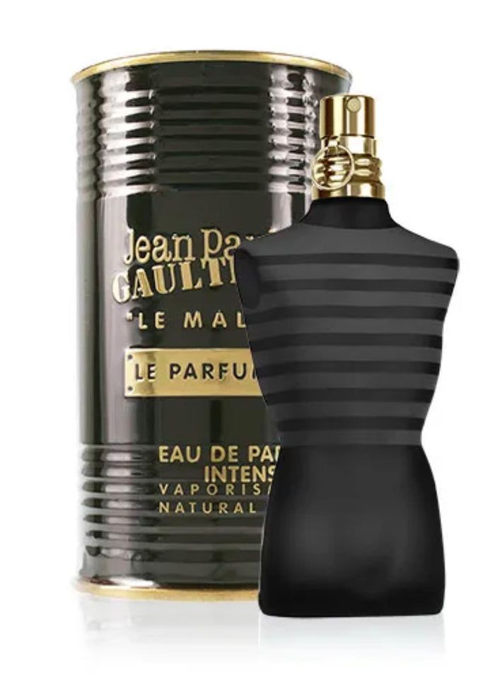 Jean Paul Gaultier Le Male Le Parfum black torso bottle and gold canister packaging