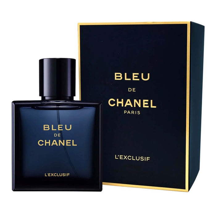 Bleu de Chanel L'Exclusif deep navy bottle with gold lettering and matching navy gold-trimmed box